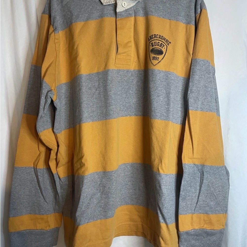 Vintage 90s Abercrombie & Fitch Rugby Crest Yellow Grey Striped Polo Shirt XL